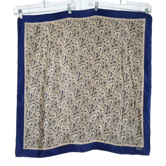 Vintage Club Echo Silk Paisley Scarf Square Navy Blue Tan Black Rolled Edges - Picture 1 of 4